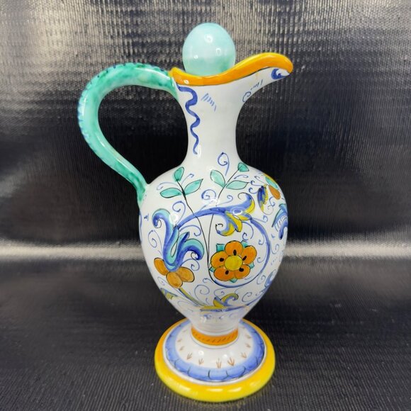 Vintage Hand Made Italian Deruta Pottery Jug Pitcher Decanter Pitcher W Stopper - Picture 14 of 16